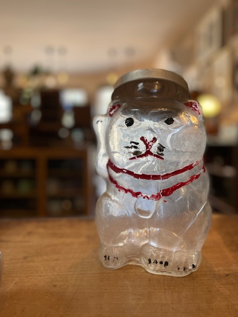 招き猫　ガラス　古い　時代物　気泡ガラス　駄菓子瓶　ガラス瓶